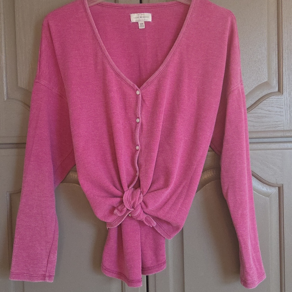 Lucky Brand pink cropped cardigan. Weekend Tie Waist Top Pullover with buttons